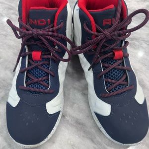 AND1 Boys Tennis shoes big boys 4, red, blue and white